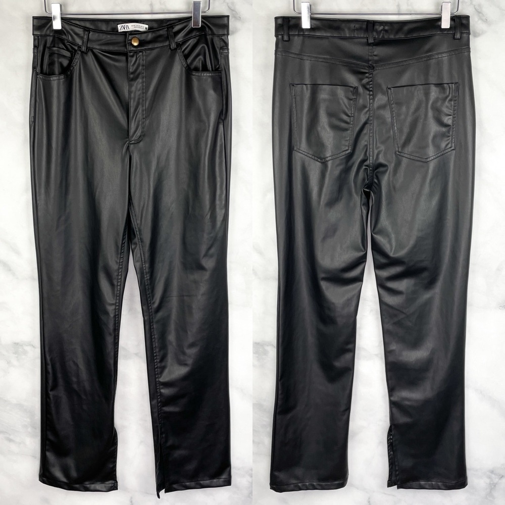 Zara Slim Flare Faux Leather Split Hem Trouser Pants Straight Leg Vegan Black 10 - Picture 2 of 6